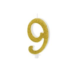 PartyDeco születésnapi glitter gyertya, 9, arany, 10cm